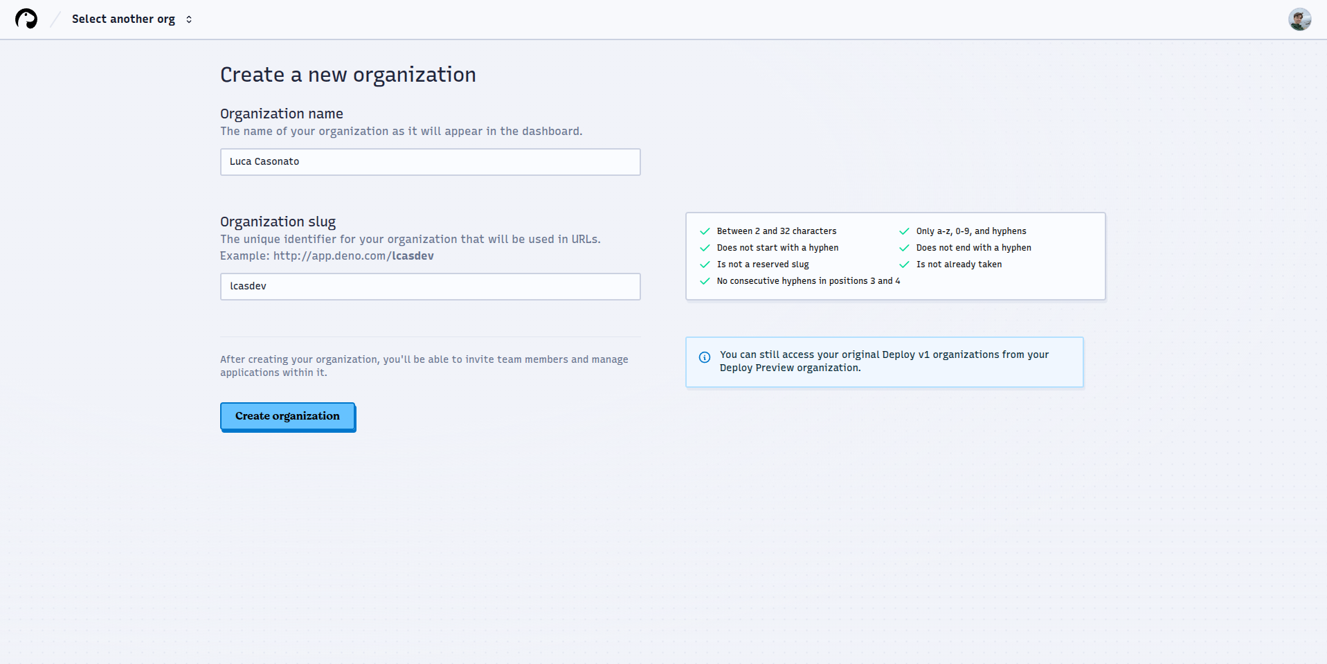 The Deno Deploy<sup>EA</sup> organization creation screen.